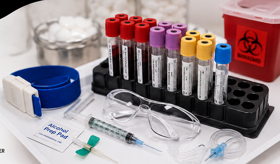 Professional phlebotomy blood collection kit with specimen tubes and supplies
